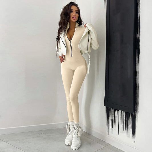 Women's Solid Color Long Sleeve Zipper Waist Sports Yoga Jumpsuit