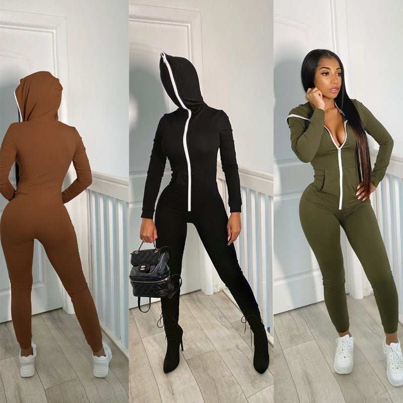 Pure Color Zipper Personality Hooded Sports Fitness Jumpsuit