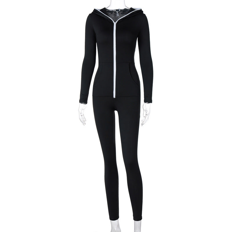 Pure Color Zipper Personality Hooded Sports Fitness Jumpsuit