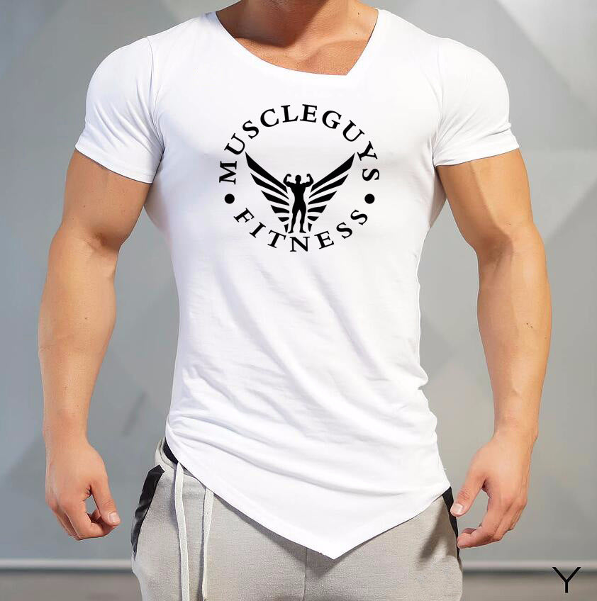 Pure Cotton T-shirt Men's Sports Muscle Bodybuilding Undershirt Irregular Breathable Short Sleeve