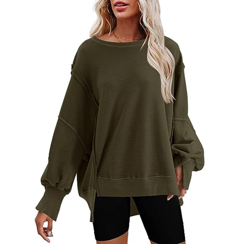 Pullover Sweatshirt Loose Round Neck Side Slit Long Sleeve Sports Sweatshirt For Women Tops