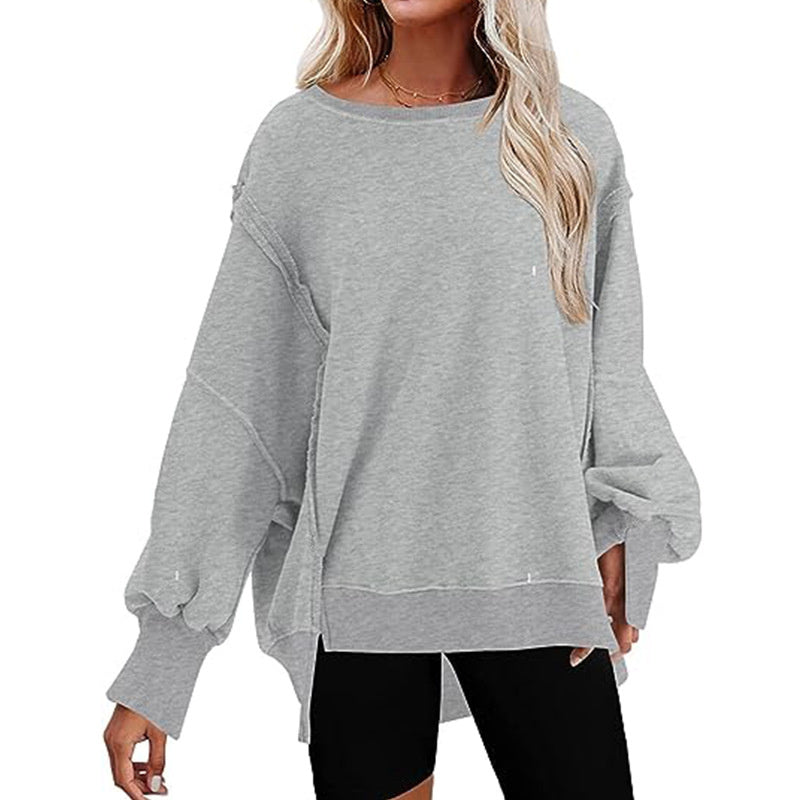 Pullover Sweatshirt Loose Round Neck Side Slit Long Sleeve Sports Sweatshirt For Women Tops