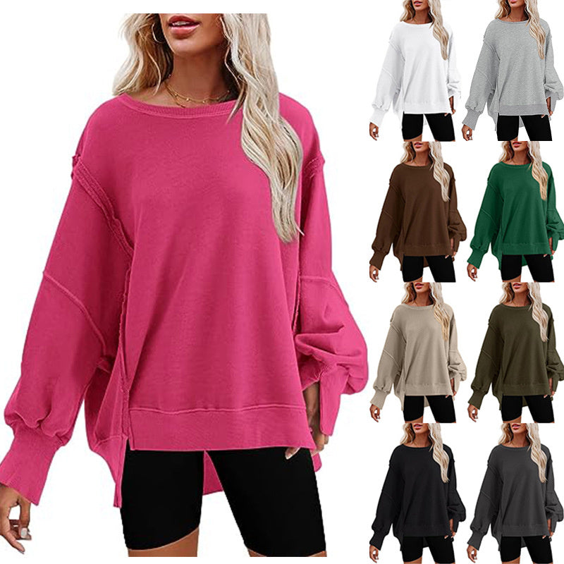 Pullover Sweatshirt Loose Round Neck Side Slit Long Sleeve Sports Sweatshirt For Women Tops