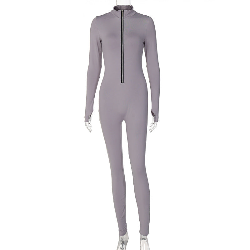 Women's Solid Color Long Sleeve Zipper Waist Sports Yoga Jumpsuit