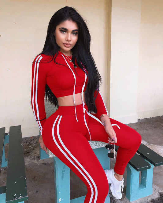 Stretch Hooded Drawstring Top High Waist Feet Fitness Two-Piece Set