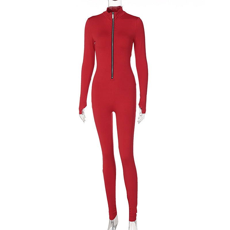 Women's Solid Color Long Sleeve Zipper Waist Sports Yoga Jumpsuit