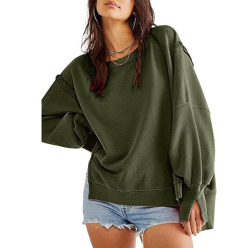 Pullover Sweatshirt Loose Round Neck Side Slit Long Sleeve Sports Sweatshirt For Women Tops