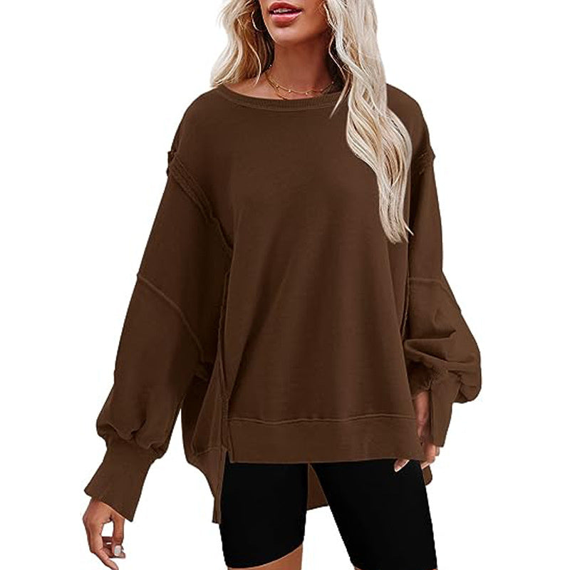 Pullover Sweatshirt Loose Round Neck Side Slit Long Sleeve Sports Sweatshirt For Women Tops